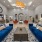 a living room with blue couches